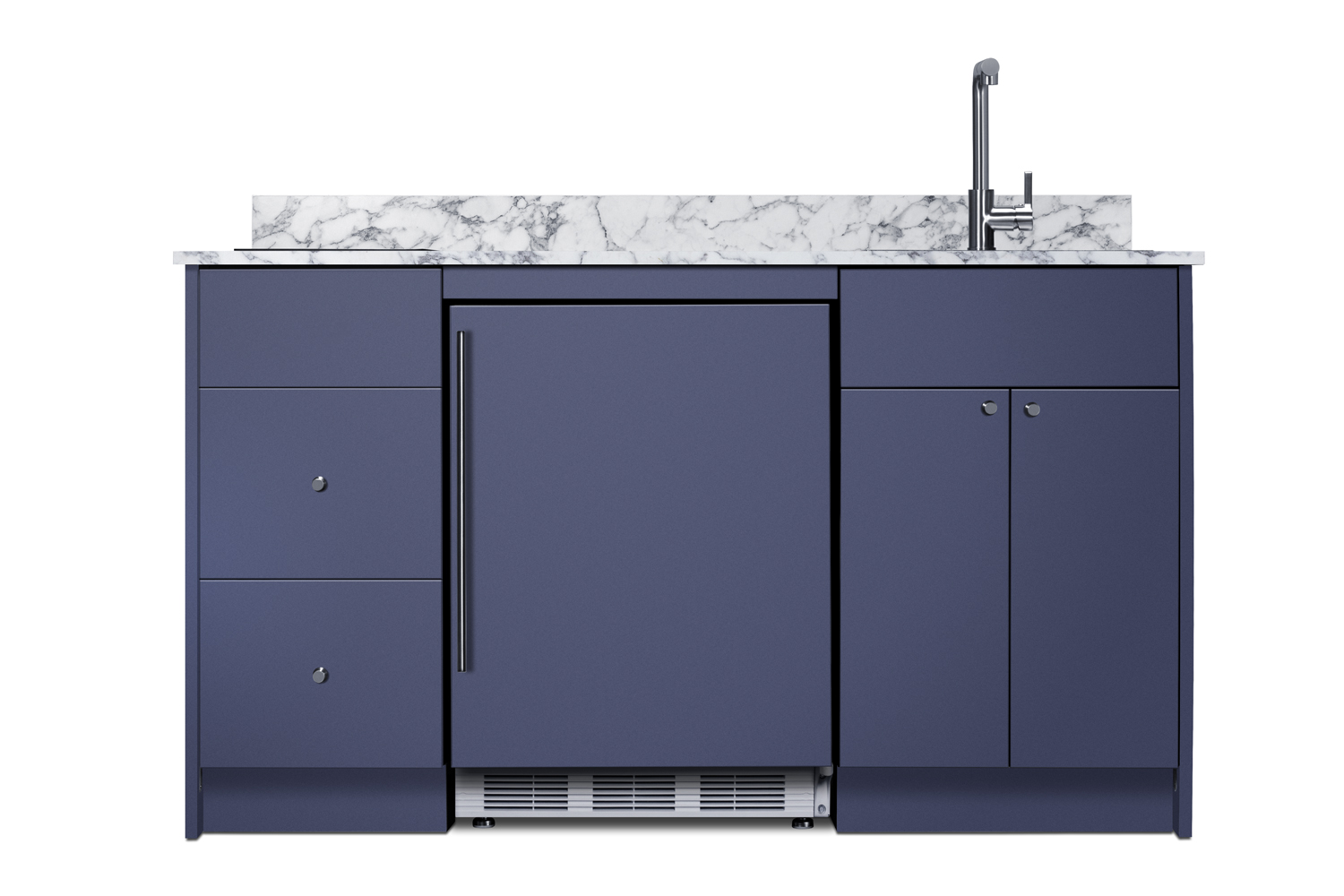Turnkey Caldera Kitchen featuring pre-assembled cabinetry and countertop in a modern midnight navy finish, complete with ENERGY STAR certified refrigerator-freezer, ENERGY STAR certified 115V induction cooktop, storage drawers, and sink with faucet; ships in two boxes on one pallet